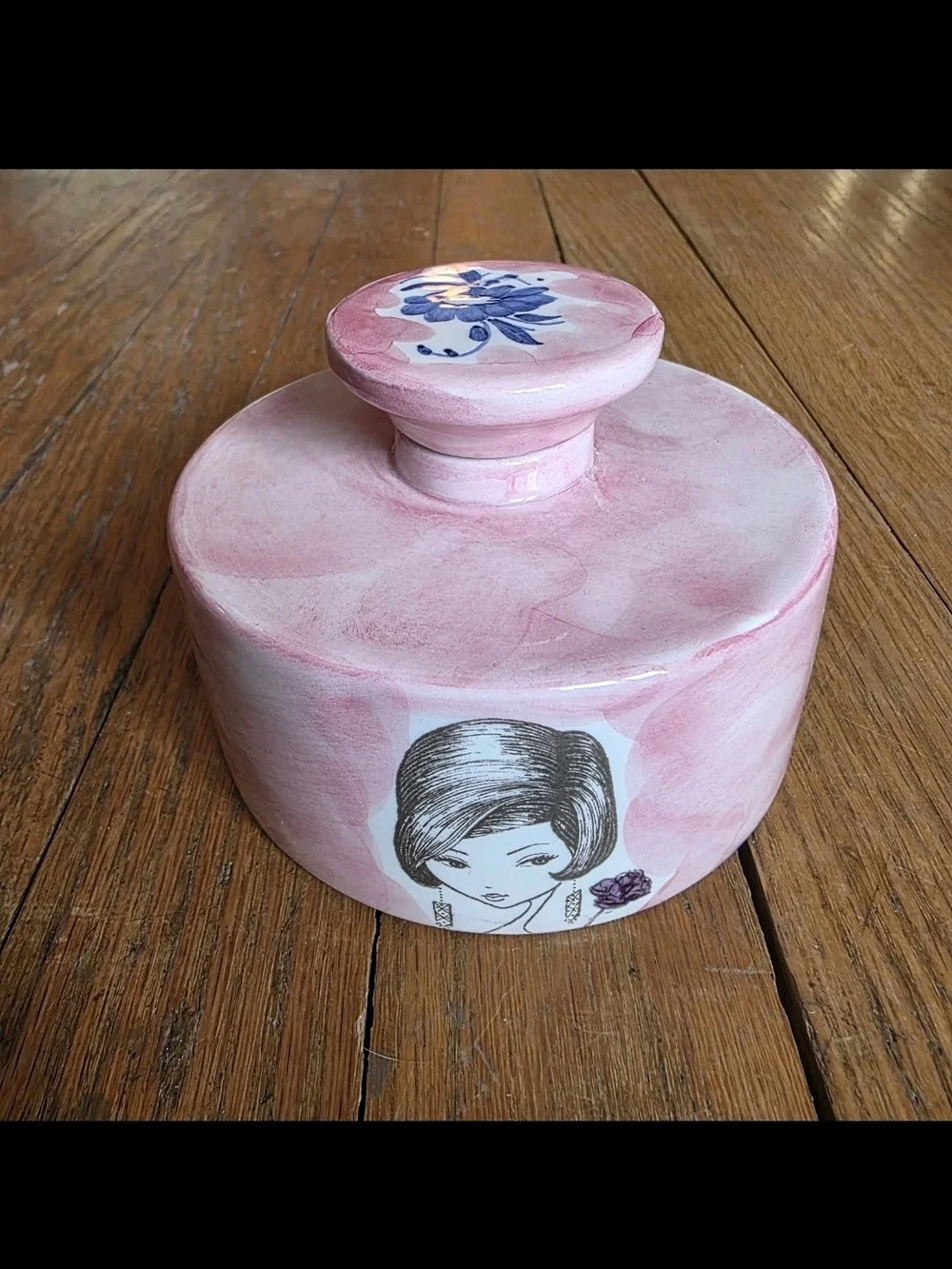 1950's-1960's Italian Pink Ceramic Decorative Jar with Illustrated Girl Accent